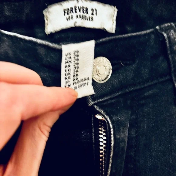 Forever 21 Black Super High Waisted Distressed Skinny Split Hem Denim Jeans - Picture 7 of 8